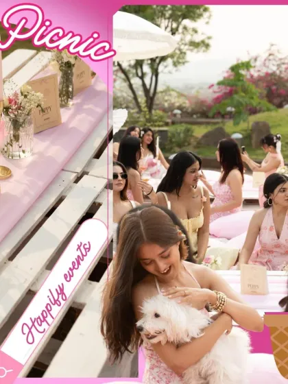 A cute collage highlighting a guest enjoying a cuddle with a puppy, perfectly capturing the event's theme.
