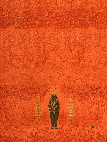 A spotlight on Jai Khanna's 'The Sansara,' a spiritually charged painting depicting Shri Guruvayurappan. This piece is part of our 'Mosaic of Modernity' exhibition.