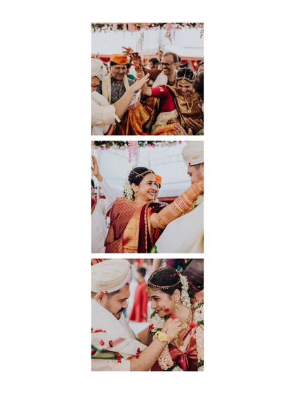 A vertical collage showing the blessings and joyful interactions during Shaurya and Deeksha's South Indian wedding rituals.