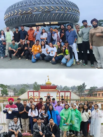 This collage shows our group at two iconic spots in Coorg: the unique Payana museum shaped like a giant tire and a local temple.