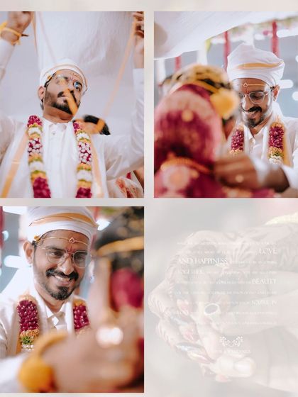 A collage of close-ups on the groom's happy expressions during the wedding rituals.