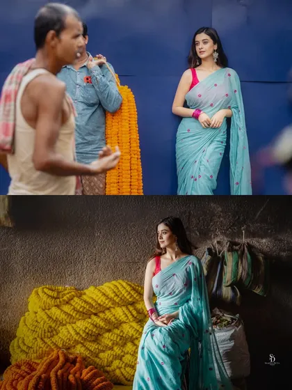 A diptych showing the model against different textures and colors of the flower market. This composition highlights the versatility of the saree in a real-world, rustic setting.
