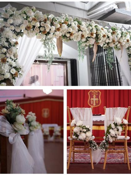 A collage of the delicate floral details from Roshan and Ria's church wedding. We used a classic white and green palette for the entrance arch, pew decorations, and the couple's chair arrangements, creating a cohesive and elegant look.