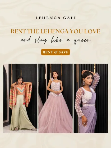 Rent the lehenga you love and slay like a queen. This collage features a trendy palazzo set, a dreamy pink gown, and a modern draped saree, showing our versatility.