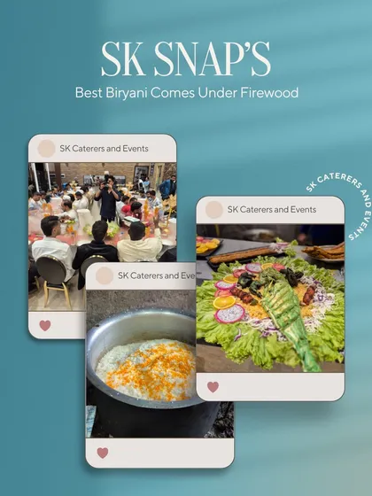 "Best Biryani Comes Under Firewood." This graphic showcases some of our best Instagram moments, from the cooking process to the final plated dishes.