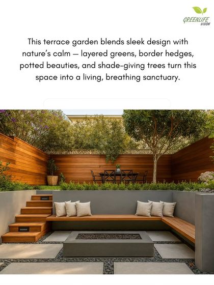 This multi-level terrace design features a built-in bench next to a modern firepit. The use of wood fencing and layered border hedges provides privacy and creates a secluded sanctuary.