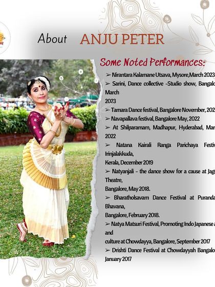 To provide context for our 'Anubhavam' sessions, we share detailed information about our guest artists. This highlights Anju Peter's notable performances, showcasing her extensive experience in the field.