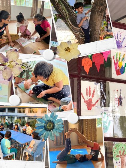 A collage showcasing the creative side of our kids' yoga retreats. From handprint art to nature crafts, we integrate many activities to make the experience holistic and fun.