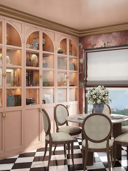 A 3D render of a luxurious dining room for our Kolkata project, featuring a classic checkered floor, pink cabinetry, and vintage-style chairs.