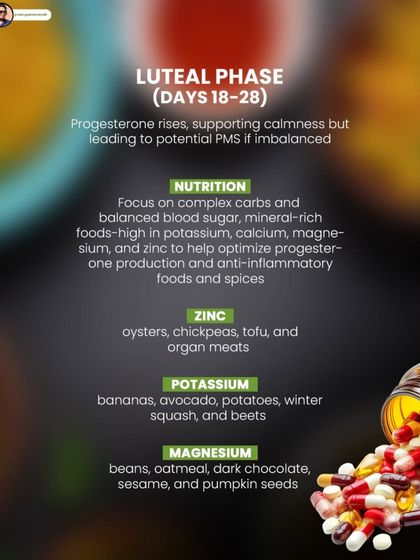 In the luteal phase, focus on complex carbs and mineral-rich foods to optimize progesterone production. Zinc, potassium, and magnesium from foods like chickpeas, bananas, and dark chocolate are key.