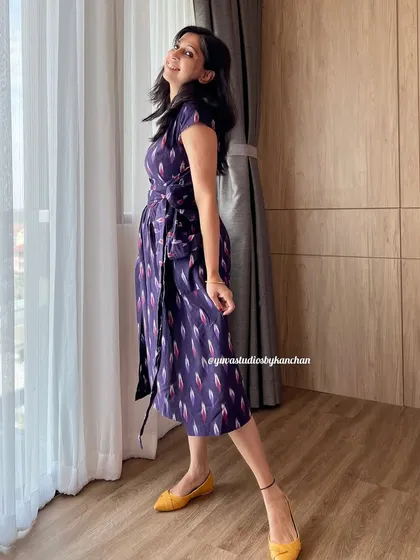 A different color for our popular pinafore dress. This purple Ikat version is just as comfortable and stylish, with a tie that cinches the waist beautifully.