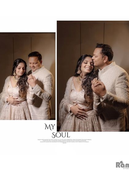 A tender collage of an engaged couple, capturing a sweet kiss on the forehead and a gentle dance. The "My Soul" text adds a personal, romantic touch to their story.