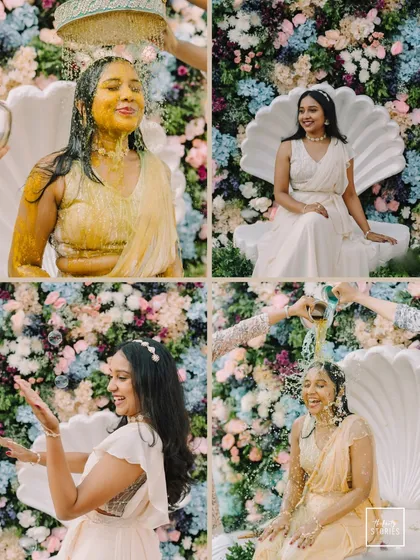 A collage showcasing the fun and beauty of a Haldi ceremony. From the bride's elegant portraits to the playful splashing, it tells the complete story of the event.