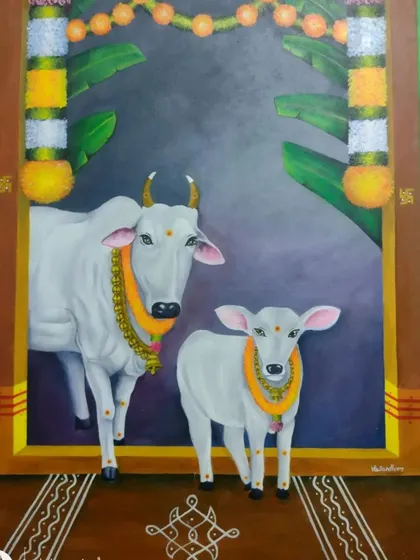 A beautiful acrylic on canvas painting of a cow and calf, created by my student Vasanth for a 'Gruhapravesham' or housewarming ceremony. It shows how art can be a meaningful part of our traditions.