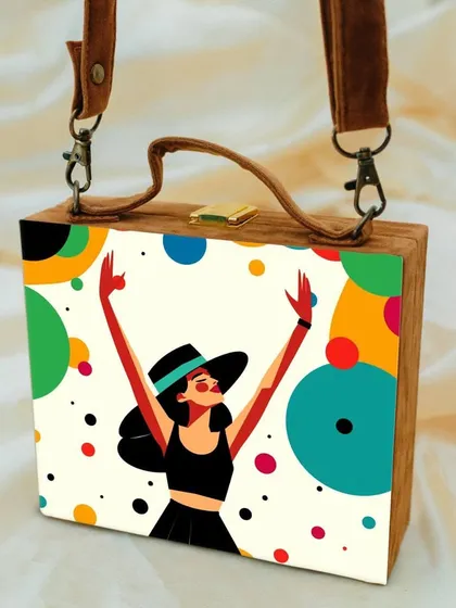 A playful and modern design, this printed bag features a graphic illustration of a woman celebrating. The bright colors and cheerful design make it a perfect accessory to express your joyful side.