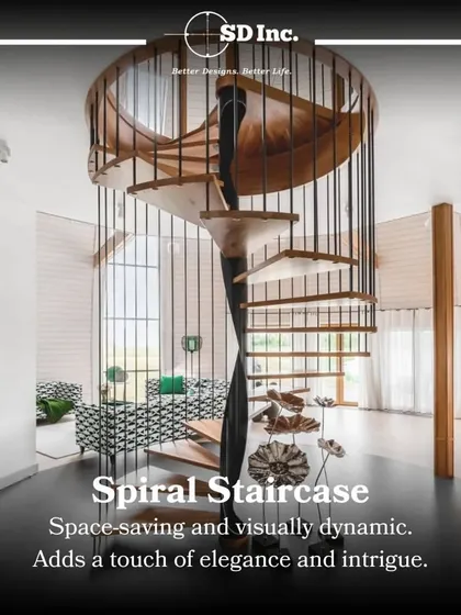 A space-saving and visually dynamic spiral staircase. This design, with its wooden treads and metal railings, adds a touch of elegance and serves as a beautiful focal point in the room.