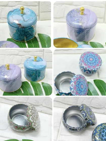 This collage showcases our range of printed tin boxes, including marble and mandala designs. They are perfect for adding a decorative touch to your product packaging.