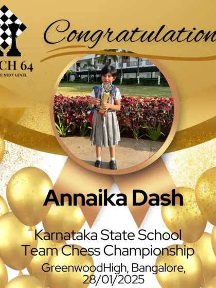 Celebrating Annaika Dash for her outstanding performance at the Karnataka State School Team Chess Championship. Our academy supports students participating in prestigious team events.