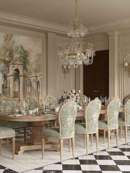 Another perspective of the lavish dining room, showcasing the beautiful contrast between the classic checkerboard marble floor and the soft, organic forms in the wall mural. The entire scene evokes a sense of European grandeur.
