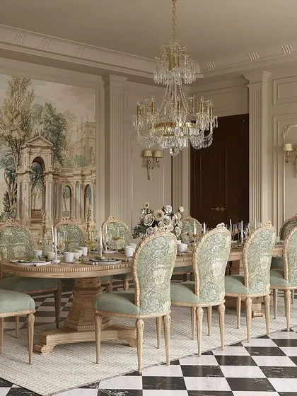 Another perspective of the lavish dining room, showcasing the beautiful contrast between the classic checkerboard marble floor and the soft, organic forms in the wall mural. The entire scene evokes a sense of European grandeur.