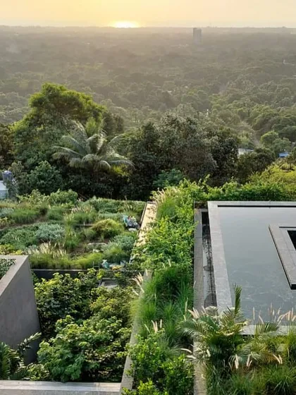 We see landscape not as a backdrop, but as an integral part of the home. At Villa Toshi in Alibaug, years of collaboration resulted in a recalibrated building where rooftop gardens and lush greenery cascade down the structure, merging the home with the expansive view.