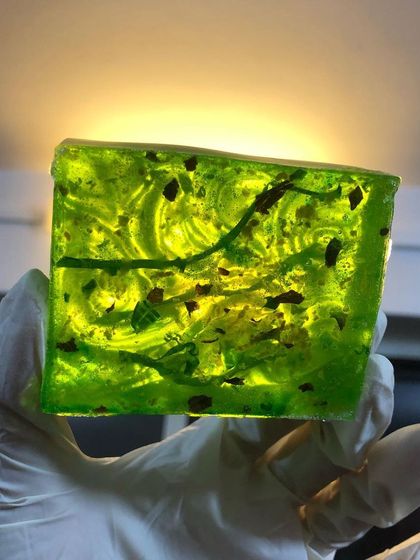 A custom order for my "Hydration Station" soap, glowing and ready to go. The vibrant green comes from natural ingredients, and it’s packed with moisturizing properties.