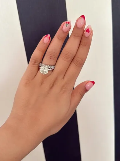 Another view of the romantic red heart and tulip nail art.