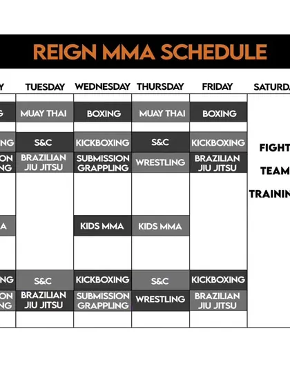 An older schedule showing the variety of classes we offer, including Kids MMA, Submission Grappling, and Brazilian Jiu Jitsu.