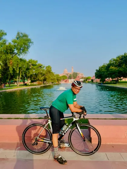 A scenic shot by the water channel with Rashtrapati Bhavan in the background.