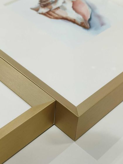 A detail shot of the corners of our satin Nara gold frames. This versatile frame is coming soon to our online store.