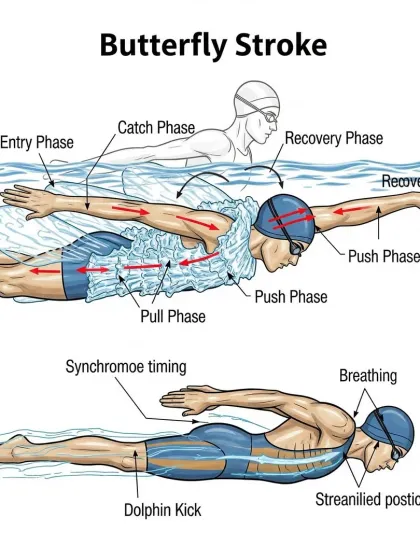 A detailed diagram illustrating the different phases of the butterfly stroke. We use visual aids like this to help our swimmers understand the complex mechanics, from the entry and pull to the dolphin kick and recovery.