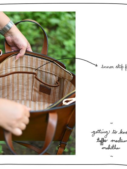 A peek inside the Toffee Medium Mahitha, showing the spacious interior and handy slip pockets for your phone and other small items.