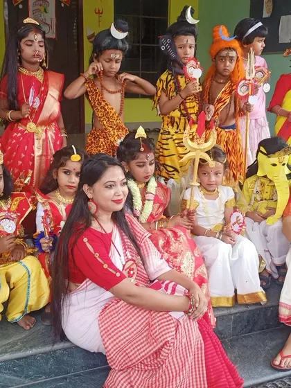 The full cast of the mythological performance posing with their teacher. I can supply complete sets of costumes for plays and dance dramas.