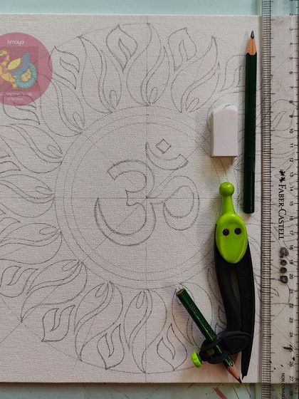 The initial sketch for a custom Vastu Om painting. Precision is key, so I use a compass and ruler to create the geometric foundation for the sun-like design, ensuring the final piece is balanced and harmonious.