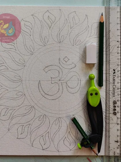 The initial sketch for a custom Vastu Om painting. Precision is key, so I use a compass and ruler to create the geometric foundation for the sun-like design, ensuring the final piece is balanced and harmonious.