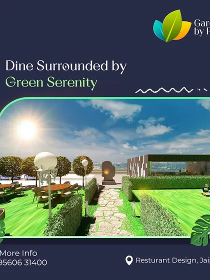 Another concept for the Jaipur restaurant, showcasing a large green lawn with surrounding hedges for privacy. The design provides a serene, open-air setting for guests to dine surrounded by nature.
