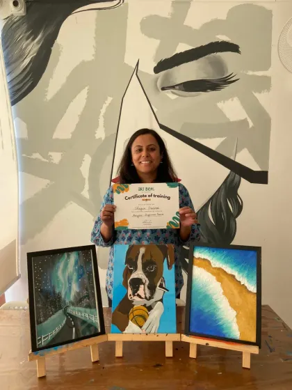 This student's acrylic paintings are full of imagination, from a boxer dog portrait to a dreamy depiction of the northern lights.