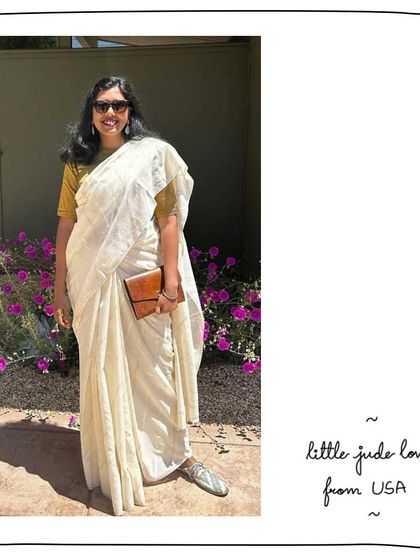 Lakshmi from the USA looking absolutely breathtaking, pairing her Little Jude clutch in Caramel with a classic white saree.
