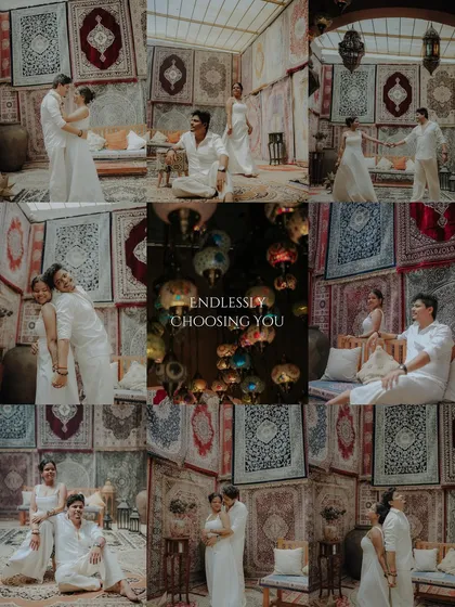 "Endlessly choosing you." A comprehensive collage showcasing the variety of beautiful shots captured during their themed pre-wedding session at Carvan Filmcity.