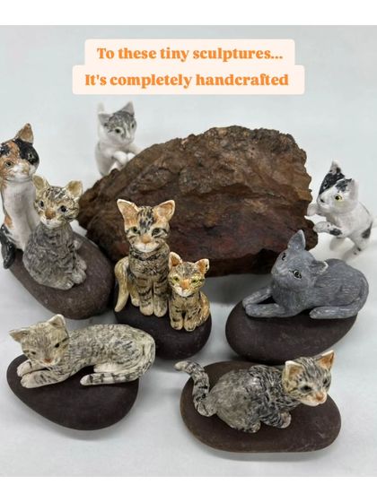 A collection of tiny cat sculptures, each one handcrafted and sitting on a natural stone base. I create various breeds and poses, from curious kittens to serene cats, perfect for any cat lover's collection.