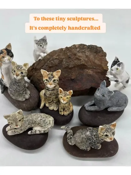 A whole family of tiny cat sculptures. These were created for a customer and show the variety of cat breeds and poses I can make.