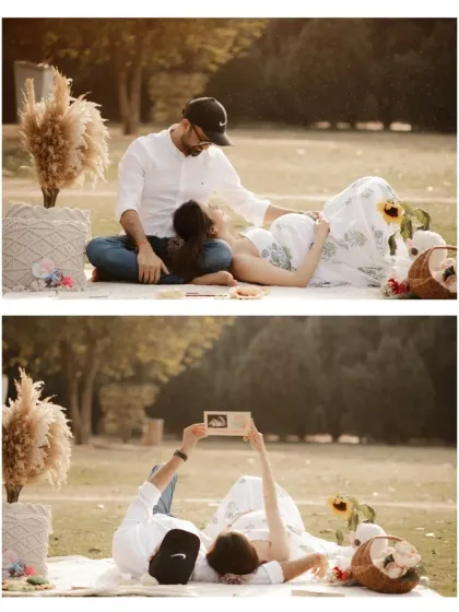 A collage from a romantic picnic-themed outdoor shoot. It features creative shots, including one with an ultrasound photo, telling the story of their journey.