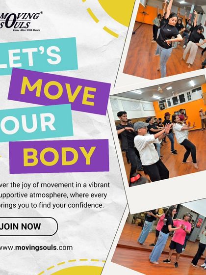 Let's move our body. This collage captures the vibrant and supportive atmosphere in our classes, where every step helps you find your confidence.