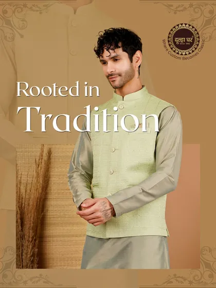 Rooted in tradition, designed for today. A close-up of a model in a lime green textured Nehru jacket, highlighting its fabric and fit.