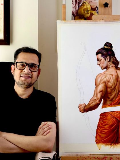 A moment from my studio, sitting with the work-in-progress of Shree Ram. Art is a process of becoming, and this image captures a quiet moment in that journey.