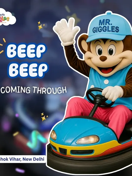 Beep beep! Mr. Giggles is zooming through in a bumper car, one of our most-loved attractions. Get ready for some bumping, spinning, and giggling fun for kids and parents.