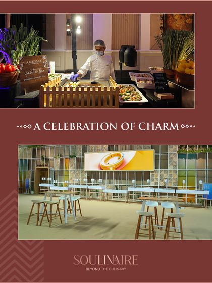 A collage showing a modern, charming setup for a corporate event, including a live station. We create inviting atmospheres for professional gatherings.