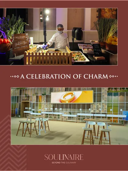 A collage showing a modern, charming setup for a corporate event, including a live station. We create inviting atmospheres for professional gatherings.