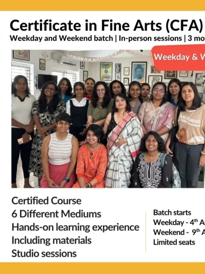 This graphic highlights the key features of our 3-month Certificate in Fine Arts course, including the different mediums and batch timings.