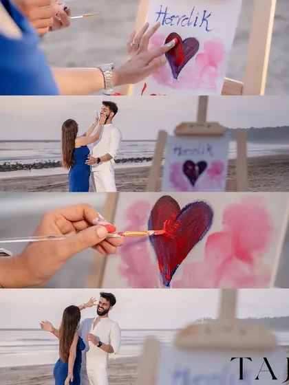 We incorporated a fun painting activity into this beach shoot. This collage shows the couple's playful interaction and the creative details that made their session unique and personal.